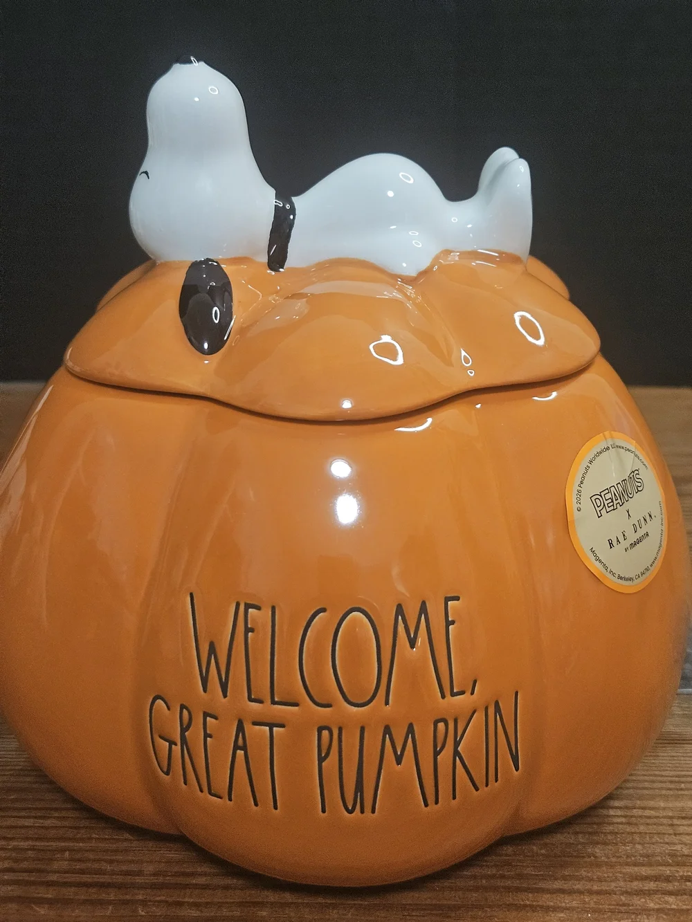 Rae Dunn Ceramic Pumpkin Jack-O'-Lantern Candy Jar with Snoopy Topper